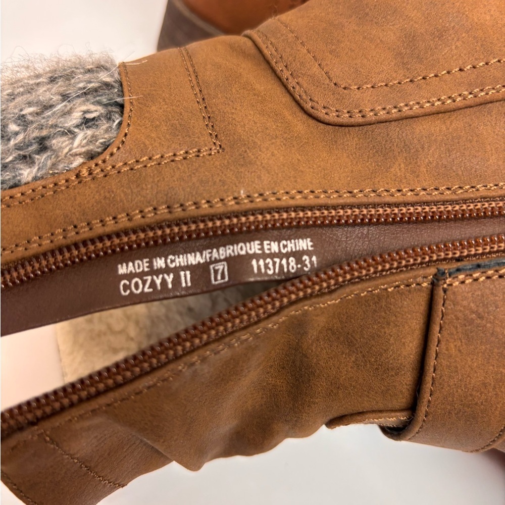 Yellow Brown Knit Cuff Buckle Combat Ankle Boots - Picture 9 of 10
